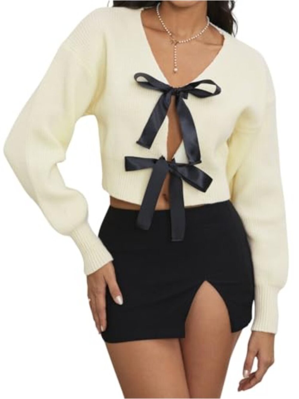 Women's Bow Tie V Neck Cardigan Long Lantern Sleeve Knit Outwear